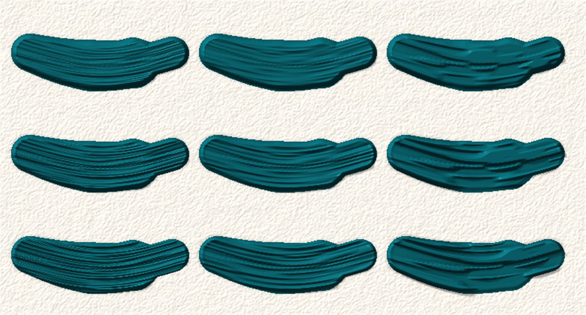 Nine teal strokes from fine to coarse bristles and from soft to stiff bristles.