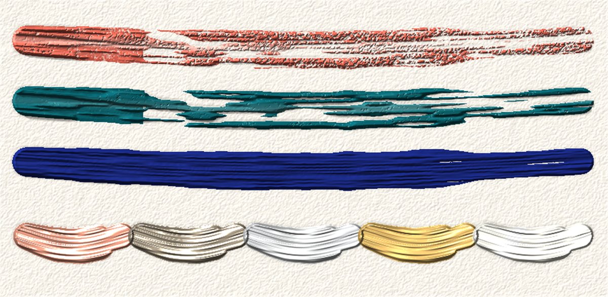 A dry-brush stroke breaking up on the paper texture, a rake stroke, a loaded stroke, and copper, nickel, aluminium, brass and silver strokes.