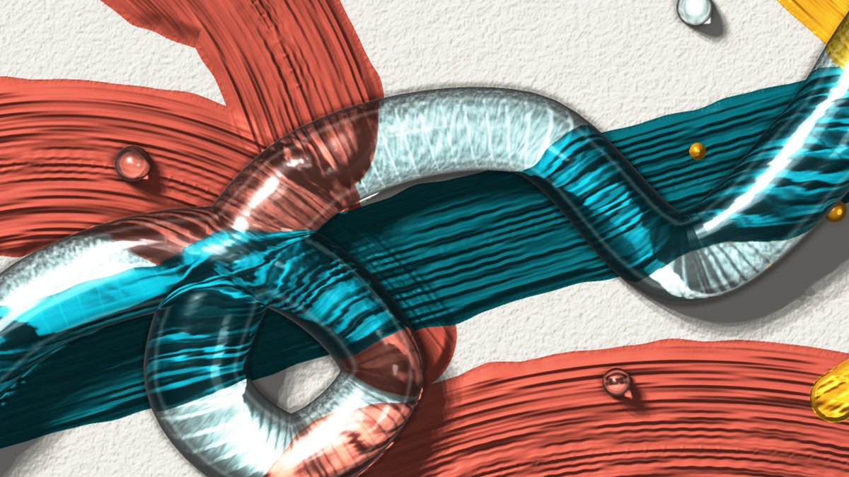 Close-up of the liquid glass loop: the teal and coral bristle marks beneath it are magnified, light gathers on the paint under the glass, and the studio lights reflect as bright streaks.