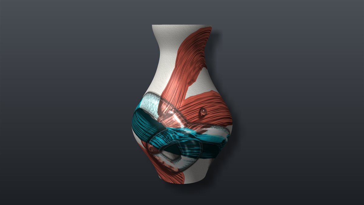 Final render of the painted vase on a dark studio backdrop, with coral and teal paint and liquid glass wrapped around its body.